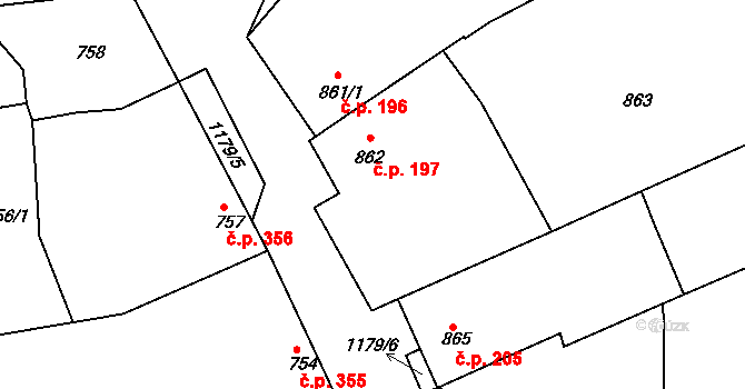 Šardice 197 na parcele st. 862 v KÚ Šardice, Katastrální mapa