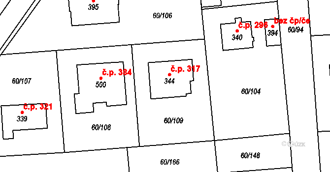 Hovorčovice 317 na parcele st. 344 v KÚ Hovorčovice, Katastrální mapa