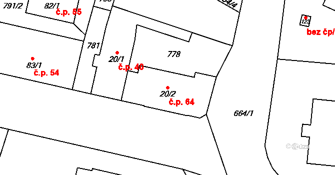Černožice 64 na parcele st. 20/2 v KÚ Černožice nad Labem, Katastrální mapa