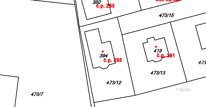 Broumy 285 na parcele st. 394 v KÚ Broumy, Katastrální mapa