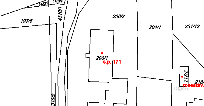Karolinka 171 na parcele st. 200/1 v KÚ Karolinka, Katastrální mapa