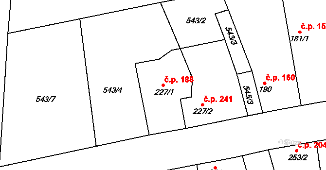 Dymokury 188 na parcele st. 227/1 v KÚ Dymokury, Katastrální mapa