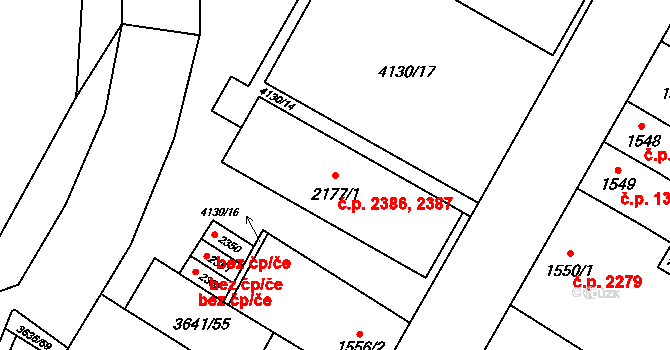 Břeclav 2386,2387 na parcele st. 2177/1 v KÚ Břeclav, Katastrální mapa