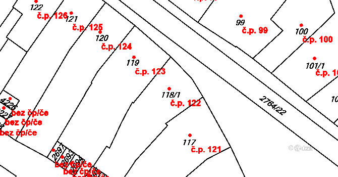 Střed 122, Rokycany na parcele st. 118/1 v KÚ Rokycany, Katastrální mapa