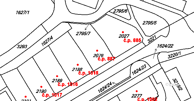 Cheb 887 na parcele st. 2076 v KÚ Cheb, Katastrální mapa