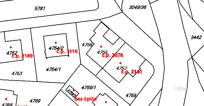 Záběhlice 2076, Praha na parcele st. 4755 v KÚ Záběhlice, Katastrální mapa