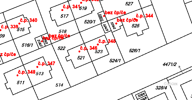 Strašnice 345, Praha na parcele st. 523 v KÚ Strašnice, Katastrální mapa