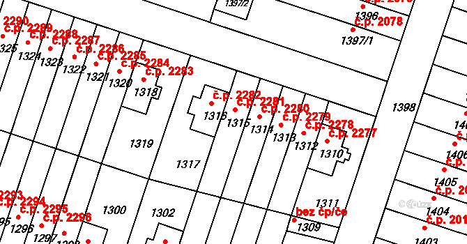 Záběhlice 2281, Praha na parcele st. 1315 v KÚ Záběhlice, Katastrální mapa