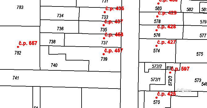 Střelice 457 na parcele st. 739 v KÚ Střelice u Brna, Katastrální mapa