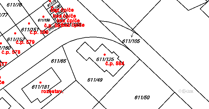 Srubec 584 na parcele st. 611/125 v KÚ Srubec, Katastrální mapa