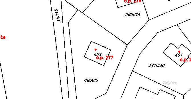 Pocinovice 277 na parcele st. 423 v KÚ Pocinovice, Katastrální mapa