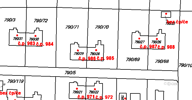Radvanice 985, Ostrava na parcele st. 790/28 v KÚ Radvanice, Katastrální mapa