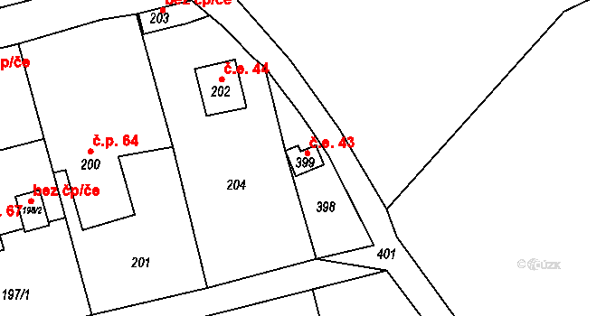 Zubří 43 na parcele st. 399 v KÚ Zubří u Nového Města na Moravě, Katastrální mapa