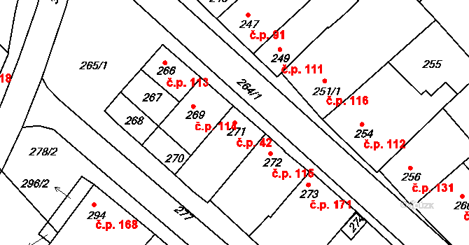 Huštěnovice 42 na parcele st. 271 v KÚ Huštěnovice, Katastrální mapa