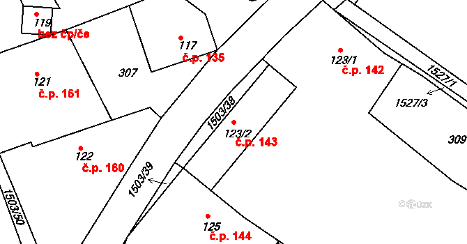 Rosice 143 na parcele st. 123/2 v KÚ Rosice u Chrasti, Katastrální mapa