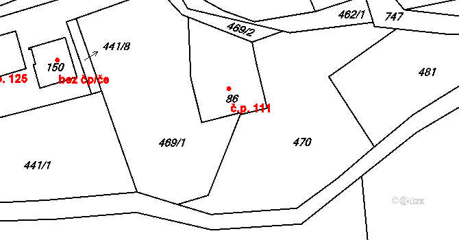 Červená 111, Letohrad na parcele st. 86 v KÚ Červená, Katastrální mapa