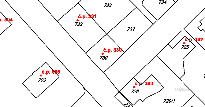 Choceňské Předměstí 330, Vysoké Mýto na parcele st. 730/1 v KÚ Vysoké Mýto, Katastrální mapa