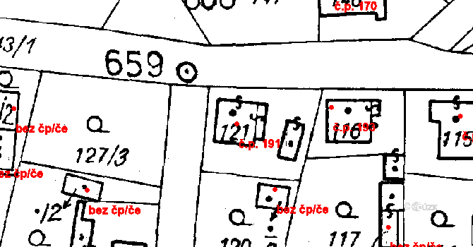 Druztová 191 na parcele st. 121 v KÚ Druztová, Katastrální mapa