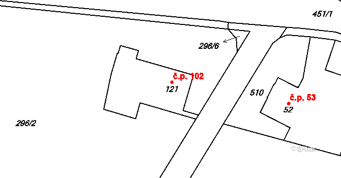 Velichovky 102 na parcele st. 121 v KÚ Velichovky, Katastrální mapa