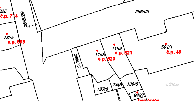 Zelené Předměstí 620, Pardubice na parcele st. 1158 v KÚ Pardubice, Katastrální mapa