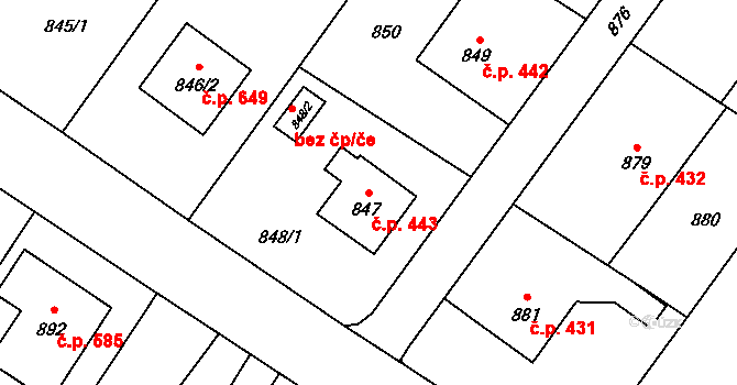 Vřesina 443 na parcele st. 847 v KÚ Vřesina u Bílovce, Katastrální mapa
