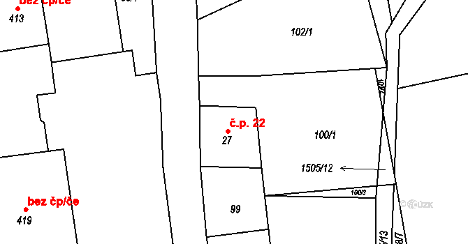 Prostřední Lánov 22, Lánov na parcele st. 27 v KÚ Prostřední Lánov, Katastrální mapa