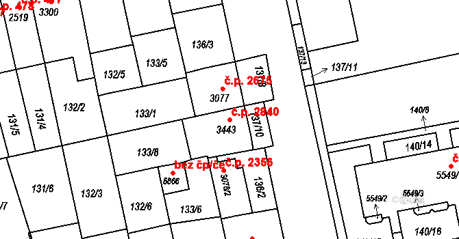 Kroměříž 2840 na parcele st. 3443 v KÚ Kroměříž, Katastrální mapa