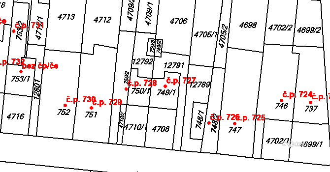 Hrušovany nad Jevišovkou 727 na parcele st. 749/1 v KÚ Hrušovany nad Jevišovkou, Katastrální mapa