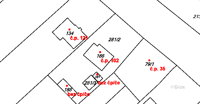 Skoky 102, Dolní Újezd na parcele st. 166 v KÚ Skoky u Staměřic, Katastrální mapa