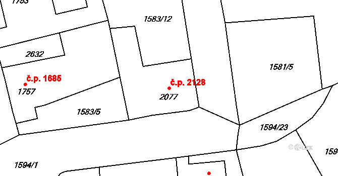 Jablonec nad Nisou 2128 na parcele st. 2077 v KÚ Jablonec nad Nisou, Katastrální mapa