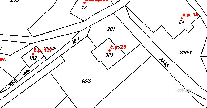 Guty 25, Třinec na parcele st. 383 v KÚ Guty, Katastrální mapa