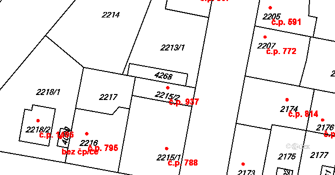 Čelákovice 937 na parcele st. 2215/2 v KÚ Čelákovice, Katastrální mapa