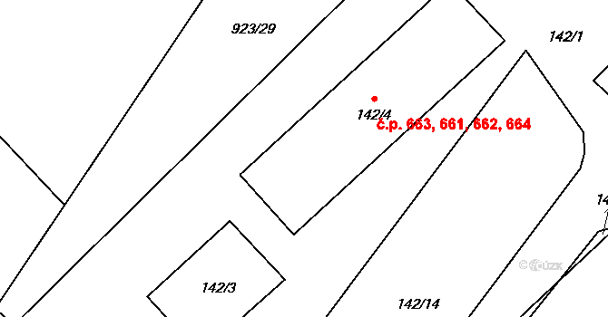 Arnultovice 661,662,663,664, Nový Bor na parcele st. 142/4 v KÚ Arnultovice u Nového Boru, Katastrální mapa