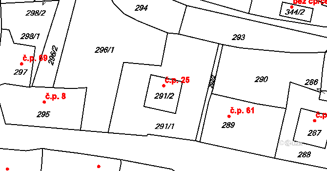 Železná 25, Vrbno pod Pradědem na parcele st. 291/2 v KÚ Železná pod Pradědem, Katastrální mapa