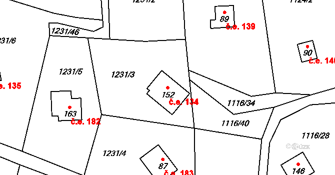 Měřín 134, Rabyně na parcele st. 152 v KÚ Blaženice, Katastrální mapa