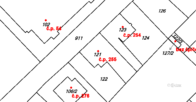 Milovice 255 na parcele st. 121 v KÚ Milovice nad Labem, Katastrální mapa