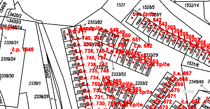 Pelhřimov 659 na parcele st. 2333/34 v KÚ Pelhřimov, Katastrální mapa