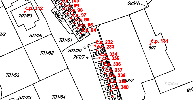 Bystřice 233, Dubí na parcele st. 701/21 v KÚ Dubí-Bystřice, Katastrální mapa