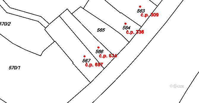 Teplice 634 na parcele st. 566 v KÚ Teplice, Katastrální mapa