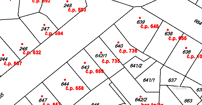 Žižkov 735, Praha na parcele st. 642/1 v KÚ Žižkov, Katastrální mapa