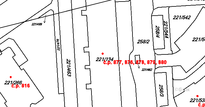 Černý Most 876,877,878,879,880, Praha na parcele st. 221/131 v KÚ Černý Most, Katastrální mapa