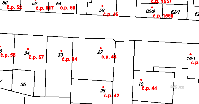 Kyje 43, Praha na parcele st. 27 v KÚ Kyje, Katastrální mapa