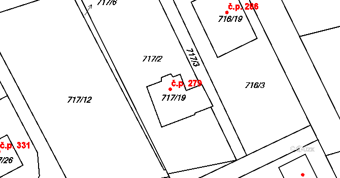 Černé Budy 279, Sázava na parcele st. 717/19 v KÚ Černé Budy, Katastrální mapa