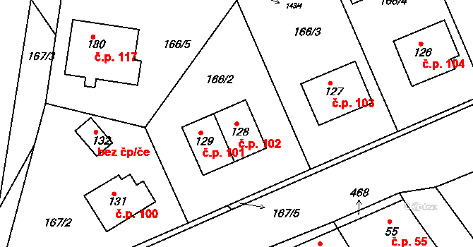 Tuchoraz 102 na parcele st. 128 v KÚ Tuchoraz, Katastrální mapa