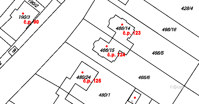 Rebešovice 124 na parcele st. 466/15 v KÚ Rebešovice, Katastrální mapa