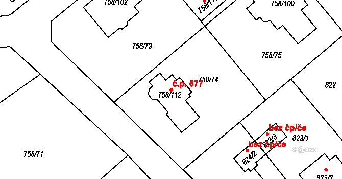 Měřín 577 na parcele st. 758/112 v KÚ Měřín, Katastrální mapa