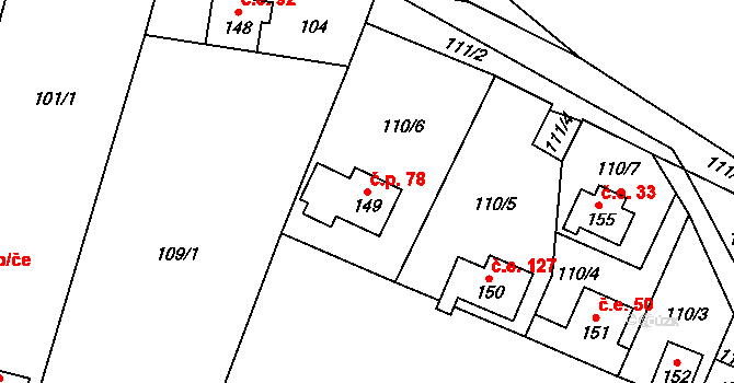 Račice 78 na parcele st. 149 v KÚ Račice nad Berounkou, Katastrální mapa
