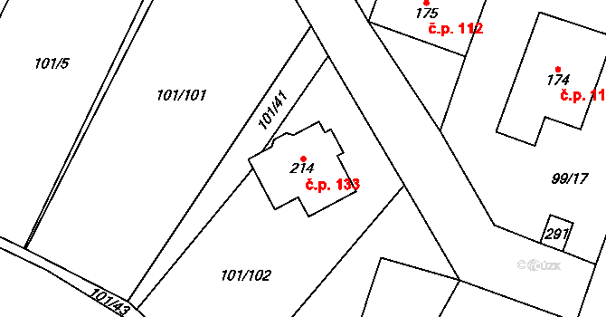 Štrampouch 133, Žáky na parcele st. 214 v KÚ Žáky, Katastrální mapa