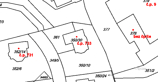 Kolovraty 733, Praha na parcele st. 350/30 v KÚ Kolovraty, Katastrální mapa