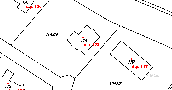 Nevřeň 123 na parcele st. 178 v KÚ Nevřeň, Katastrální mapa